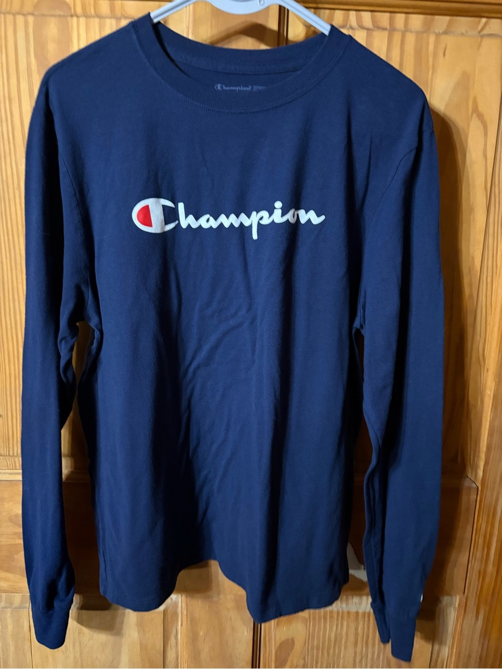 Champion Long-Sleeve Logo Tee in Navy with White & Red Accent